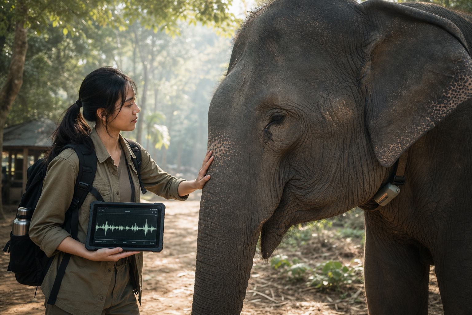 A HERD researcher with an elephant and a tablet showing a waveform